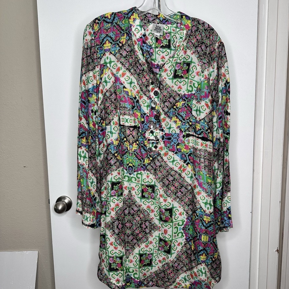 Ivy Jane Women's XL Multicolor‎ Geometric Woven Rayon V-Neck Button Tunic Blouse